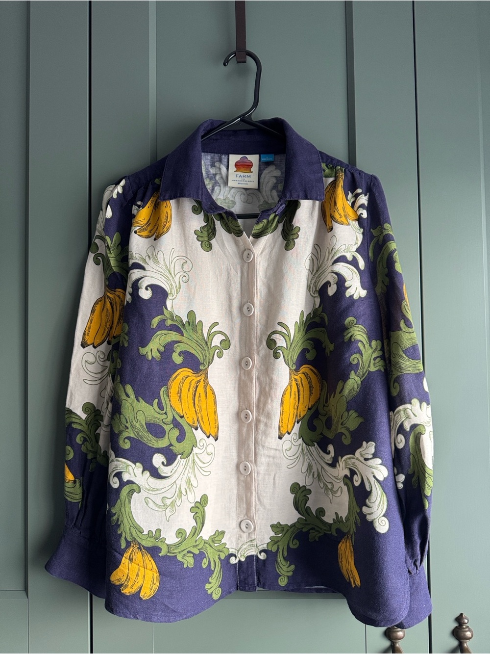 Farm Rio x Anthropology Women's Button-Up Shirt Floral Banana Print Linen Viscos